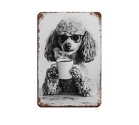 Poodle Dog Drinking Coffee & Wearing Glasses Retro Poster Metal Tin Sign Chic Art Retro Iron Painting Bar People Cave Cafe Family Garage Poster Wall Decoration 8x12inch(20x30cm)