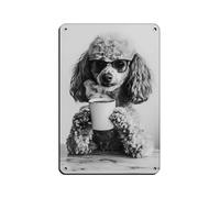 Poodle Dog Drinking Coffee & Wearing Glasses Tin Sign Vintage Metal Pub Club Cafe Bar Home Wall Art Decoration Poster Retro 8x12inch(20x30cm)