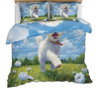 Poodle Dog Duvet Cover Set 3 PCS Blue Sky and White Clouds Bedding Set Green Lawn 3D Duvet Cover with Pillowcases, for Soft Microfiber Quilt Cover with Zipper Closure (220x260cm)