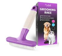 Poodle Pet Dog Grooming Rake| Dematting Tool with Stainless Steel Shedding Comb for Pets | 2 Rows of Pins Gently Remove Loose or Tangled Hair from Undercoat | Purple Handle