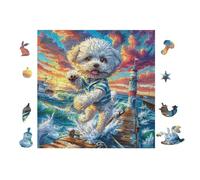 Poodle Puppy on Tropical Beach 100 Piece Complete DIY Jigsaw Puzzle Collectors Mind Relaxation Educational Decorative Puzzle Gifts for Adults Wooden Cardboard 28x28cm