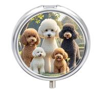 Poodles Dogs Pill Box - 3 Compartment Travel Pill Organizer with Small Mirror, Portable Pillcase for Pocket & Purse, Cute Round Medicine Case, Weekly Medicine Container