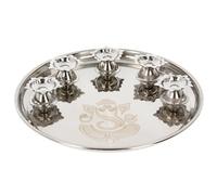 Pooja Thali Aarti Plate Stainless Steel Ganesh Puja Thali Decorative with Diya Holder Pooja Items for Mandir Diwali Navratri Karva Chauth Raksha Bandhan Wedding Home Temple Gift (5 Diya Holder)