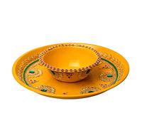 Pooja Thali with Katori Vaati for Haldi Rituals Platter Puja Plate Decorative Steel Thali with Essential Pooja Articles for Wedding Haldi Rituals Festival Decorations (Size-10 x 10 Inches) (Yellow)