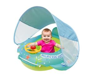 Pool Float Bed With Canopy | Environmentally Friendly PVC, 70x70cm, 775g | Inflatable Float With Steering Wheel | Cartoon Swimming Ring For 1-4 Year Old Boys & Girls