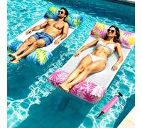 Pool Float Water Hammock, Water Floating Chair with Air Pump, Multi Purpose Inflatable Lounge Floaties, Pool Water Hammock for Armchair Mattresses Seat Floating Mattress (Leaves Pink+ Blue)