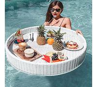 Pool Floating Tray Rattan Drink Holder Waterproof Round Platter for Beach Sandbar Backyard Party Beverage Server