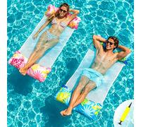 Pool Hammock Floats Adults 2 Pack, 4 IN 1 Multi-Purpose Inflatable Swimming Pool Floats Water Hammock, PVC Material Pool Toys, Inflatable Hammock Lounger Floaties with Air Pump (Blue+Red)