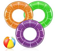 Pool Inflatables Swimming Rings, 3 Pack Rubber Rings for Kids and Adults Inflatable Pool Floats Fruit Swim Ring for Pool Beach Lake, With a 16 Inch Beach Ball