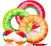 Pool Inflatables Swimming Rings Set, 90cm(3 Pcs) with 2 Beach Balls 1 Air Pump, Inflatable Pool Floats Rubber Ring, Fruit Swimming Tube Ring, Summer Water Fun Beach Party Pool Toy for Kids Adults
