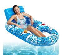 Pool Lounger Float, Inflatable Swimming Raft with Maple Leaf Print, Inflatable Pool Chair with Drink Holder, for Adults, Family, Sunbathing, Indoors, Outdoors, Pond, Lake, Sea, Holiday, Party