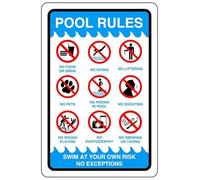 Pool rules - No swimming, No diving, No Sailing, Deep Water - High tack self-adhesive sticker (400mm x 300mm) Viewing Distance within 14m.