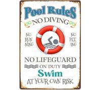 Pool Rules Sign Decor No Diving Running Peeing Swim At Your Own Risk Outdoor Metal Signs Decorations for Beach Home Bar Deck Backyard Fence Walls 12X8 Inch Aluminium