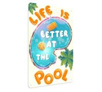 Pool Rules Sign, Happy Life In The Pool Sign Summer Wall Art Plaque Signs for Pool Swimming Garden Outdoor Decorations 12x16 Inch