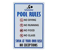 Pool Rules Sign, No Diving No Running No Food No Glass, 8x12 Rust Free UV Printed, Easy to Mount