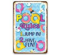 Pool Sign - Pool Rules, Jump In, Have Fun - Rustic Vintage Metal Sign for Outdoor Patio, Backyard, Swimming Pool, Colorful Print Gift for Pool Owners, 8x12 Inch Indoor/Outdoor Durable Metal Sign