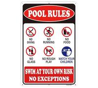 Pool Signs - Embossed Tin Finish UV Resistant Lithography | 12x8-Inch Quirky Pool Rules, No Diving Metal Vintage Wall Decoration | Retro Fun Toilet Memories For The Patio In