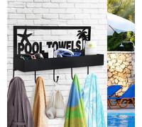 Pool Towel Rack - 2-in-1 Outdoor Poolside Beach Washcloth Drying Rack Holder, Wall Mounted Metal Hooks Decor for Bath Towel Storage, Robe Swimsuit, Coat, Bags, Phone, Keys - Black