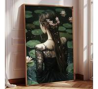 Pool Women Wall Art Pink Lotus Flower Picture Victorian Woman Painting Summer Floral Posters Aesthetic Botanical Prints Flower Women Pictures Vintage Back Woman Painting for Bedroom 16x24in No Frame