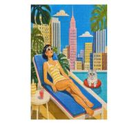 Poolside Woman Cat Jigsaw Puzzle 1000 Pieces in Wood, Logic Game