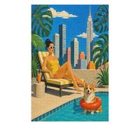 Poolside Woman Corgi Jigsaw Puzzle 1000 Pieces in Wood, Assembly Challenge