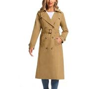 poonyfesh Women's Waterproof Long Trench Coat Double Breasted Length Classic Lapel Belt Coat With Removable Hood, Camel, S