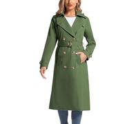 poonyfesh Women's Waterproof Long Trench Coat Double Breasted Length Classic Lapel Belt Coat With Removable Hood, Green, L