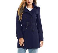 poonyfesh Women's Waterproof Trench Coat Double-Breasted Classic Lapel Petite Overcoat Belted Slim Outerwear Coat, Navy, L
