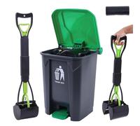 Pooper Scooper 2 Pack with 20 Litre Step Dog Poop Trash Can, 28" Long Handle Dog Poop Scoopers for Large Small Dogs Heavy Duty, Removable Inner Bucket for Outdoors, 50 Waste Bags Included (Green)