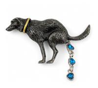 POOPING DOG BROOCH pewter-tone metal black lab labrador puppy & chain of poop heart crystals- novelty pet groomer/animal vet pin