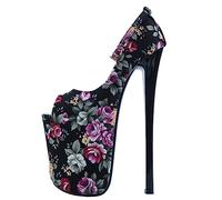 POOSR 22CM High Heels Shoes, Ethnic Flower Ankle Straps Womens Heels, Platform Pumps, Rounded Toe Hightclub Fetish Shoes,Black,42
