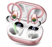 Poounur Wireless Earbuds, Bluetooth 5.4 Headphones with 4 ENC Noise Canceling Mic, 50H Stereo Sport Ear Buds with Earhooks, Dual LED Display Earphones, IP7 Waterproof Wireless Headphones, Pink Gold