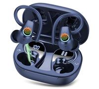 Poounur Wireless Earbuds, Bluetooth 5.4 Headphones with 4 ENC Noise Canceling Mic, 50H Stereo Sport Ear Buds with Earhooks, Dual LED Display Wireless Earphones, IP7 Waterproof Headphones, Vivid Blue