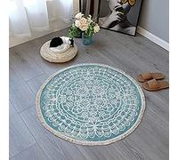 Poowe Boho Rug for Bedroom, Round Mandala Rug for Living Room, Cute Bohemian Circle Meditation Rug, Round Cotton Woven Fringe Rug 3'-Lifgt Blue