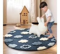 Poowe Kids Play Mat Baby Nursery Rug Round Educational Alphabet Soft Area Rug Non Slip for Children Toddlers Bedroom (Round 31.5", Navy Blue Clouds)