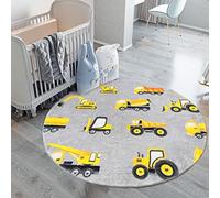 Poowe Round Construction Trucks Kids Area Rug Soft Fluffy Kids Construction Rugs for Playroom Nonslip Digger Nursery Rug for Boys Room,3.3FT
