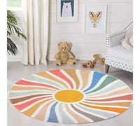 Poowe Round Rug with Sun, Rainbow, Multicolored Boho Children's Rug, Ultra Soft, Washable, Children's Room Rug for Bedroom, Preschool, Classroom, 8.5 m, Round
