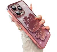 Poowear for iPhone 15 Pro Max Case,3D Cute Cartoon Rabbit Makeup Mirror Holder Bling Glitter Cover Electroplate Bumper Transparent Lens Film Women Girls Case for iPhone 15 Pro Max 6.7''