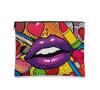 Pop Art Cosmetic Bag, Colorful Retro Comic Zippered Makeup Pouch for Women, Small Canvas Travel Organizer, Valentine's Day Gift Toiletry Carrier, Violet, 7x9 Inch, Lips