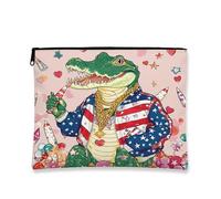 Pop Art Crocodile Cosmetic Bag, Alligator Patriotic Vintage Style Travel Makeup Zipper Pouch, Holiday Gift Organizer, Green, 7x9 Inch, Crocodile