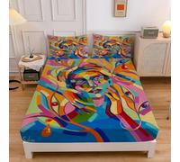 Pop Art Small Double Fitted Sheet Oil Painting Hand Bed Sheets - 30 cm Deep Pocket Fitted Bed Sheet with 2 Pillowcases, Soft Brushed Microfiber Bedding 120x190 cm - Easy Care Bottom Sheet