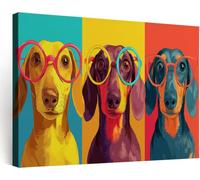 Pop Cartoon Animals Framed Wall Art Canvas Print 90 x 60 cm, Canvas Picture Multicolored Dachshund Sunglasses Wall Decor Posters for Bedroom Living Room Bathroom Kid Room Restroom