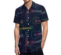 Pop Colorful Line Art Hawaiian Ukulele Men's Hawaiian Shirt Short Sleeve Button Down Shirts Casual Beach Summer Tops