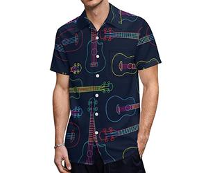 Pop Colorful Line Art Hawaiian Ukulele Men's Hawaiian Shirt Short Sleeve Button Down Shirts Casual Beach Summer Tops