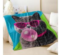 Pop Fashion Short-hair Cat Printed Flannel Blanket, Cute Sofa Bed Throw with Pink Sunglasses & Bubble Gum, Perfect for Young Individual Room Decor (04,75x100cm)