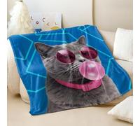 Pop Fashion Short-hair Cat Printed Flannel Blanket, Cute Sofa Bed Throw with Pink Sunglasses & Bubble Gum, Perfect for Young Individual Room Decor (01,100x150cm)
