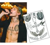Pop Icon Chest & Neck Tattoos - Temporary Ink Set for Men | Body Art | A4 Sheet with Cross, Lion, Bear, Wings & More | Realistic Fake Tattoos for Fancy Dress or Cosplay