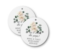Pop It When She Pops Champagne Tag | 30 Pack | 2.5" inch Circle Tag with Pre-Cut Hole | Baby Shower Party Favor Tag | White Rose Design for Baby Shower Party Favor