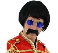Pop Sergeant Fancy Dress Costume Kit - 1960s Rockstar Accessory - Short Wig, Circle Frame Glasses and Stick on Moustache - Blue
