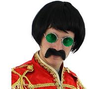 Pop Sergeant Fancy Dress Costume Kit - 1960s Rockstar Accessory - Short Wig, Circle Frame Glasses and Stick on Moustache - Green